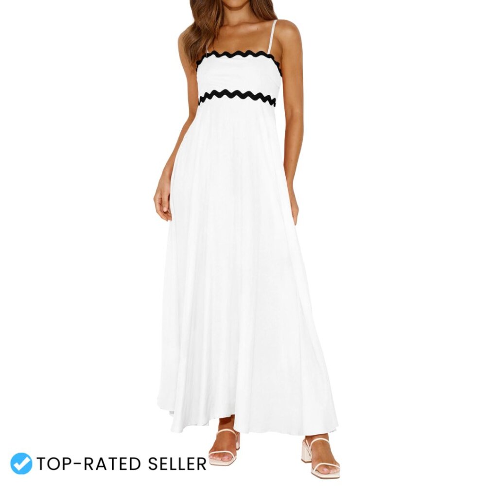 White Smocked Back Maxi Dress Spaghetti Strap Boho Beach Sundress Flowy